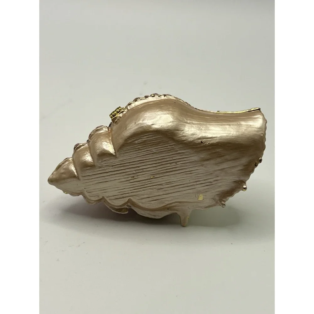 Pink Coastal Conch Seashell Trinket Box, Magnetic Hinged Jeweled Rhinestones